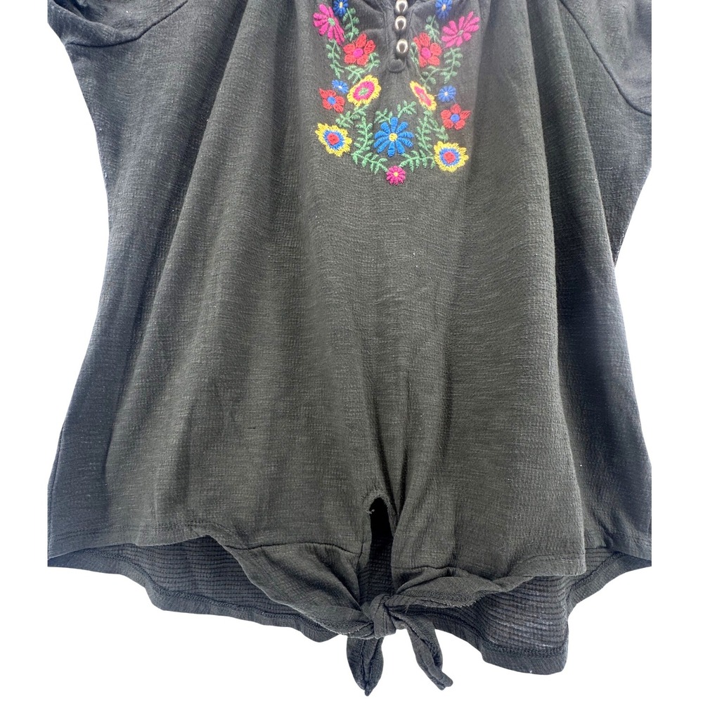 Womens Embroidered Floral Tie Front Top Green Boho Size L Festival Henley Style - Picture 10 of 11